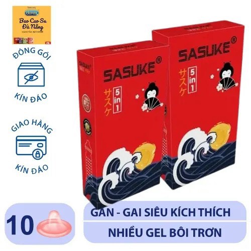 Bao Cao Su Siêu Mỏng, Gân, Gai, Chống Xuất Tinh Sớm Sasuke 5in1 Hộp 10 Chiếc